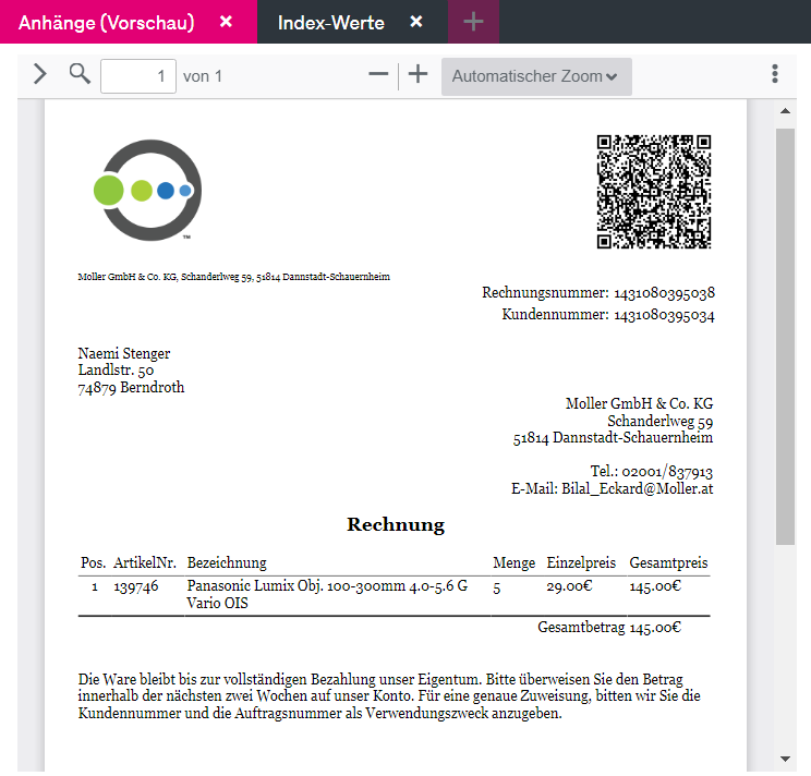 Vorschau einer Rechnung mit weiteren Symbolen aus der Anhangsvorschau oben, darunter: Pfeile, um zwischen Seiten zu blättern, die Anzeige der Vergrößerungsstufe (Zoom Level), das Drucker-Symbol, das Symbol zum Herunterladen und das Informationssymbol
