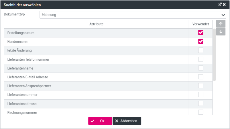 Elemente von oben nach unten: Dropdown zum Auswählen eines Dokumenttyps; darunter kann ein ausgewähltes Attributfeld nach oben oder unten verschoben werden über die Pfeiltasten rechterseits; Felder, die angezeigt werden sollen, können über Ankreuzkästchen selektiert werden; darunter die Buttons Ok und Abbrechen