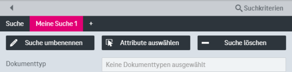 Personalisierte Suche mit folgenden Elementen: 1) Neue personalisierte Suche über das Plus-Symbol oben rechts hinzufügen, 2) Suche umbenennen 3) Attribute auswählen für das Hinzufügen von Suchfeldern, 4) Suche löschen, 5) Im unteren Bereich sind hinzugefügte Suchfelder zu sehen.