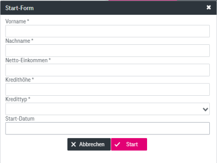Das Workflow Start Fenster mit den zu füllenden Parametern und den Schaltflächen "Speichern" und "Abbrechen".