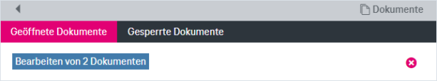 Liste mit Einträgen, die geöffnete Dokumente repräsentieren, wobei ein Eintrag mit einem x-förmigen Kreuzsymbol rechts daneben gelöscht werden kann