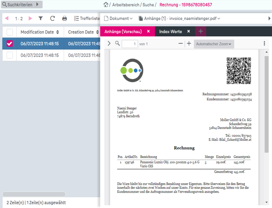 Öffnen Sie ein Panel über den Link oben links mit der Bezeichnung "Suchkriterien". Betrachten Sie Ergebnisse in der Trefferliste im linken Bereich. Öffnen Sie ein Element aus der Trefferliste, um eine Dokumentenvorschau im rechten Bereich zu erhalten.