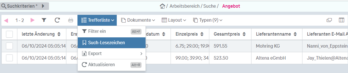 Trefferliste Dropdown-Menü mit selektiertem Eintrag Such-Lesezeichen
