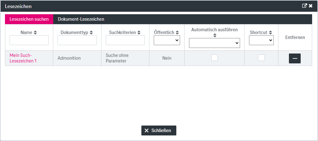 Panel mit Such-Lesezeichen