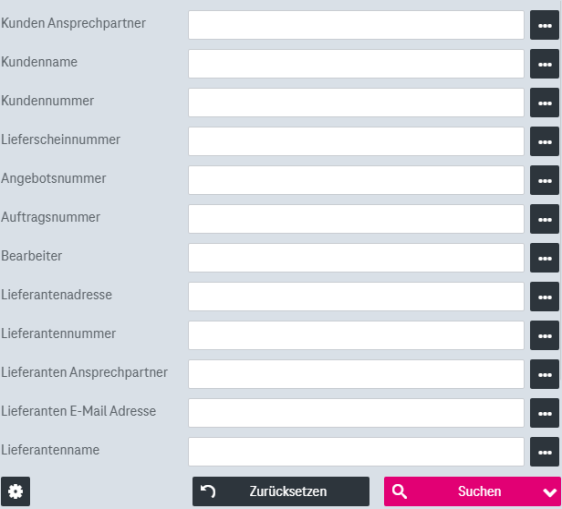 Suchbereich mit folgenden Elementen von oben nach unten: Registerkarten für eine Standard- und mehrere personalisierte Suchen, Zahnrad-Symbol links für erweiterte Suchoptionen, Dokumenttyp-Auswahl, Filterbegriff für Suchfelder mit Sortier-Buttons für Suchfelder rechts davon, Suchfelder für Attribute darunter