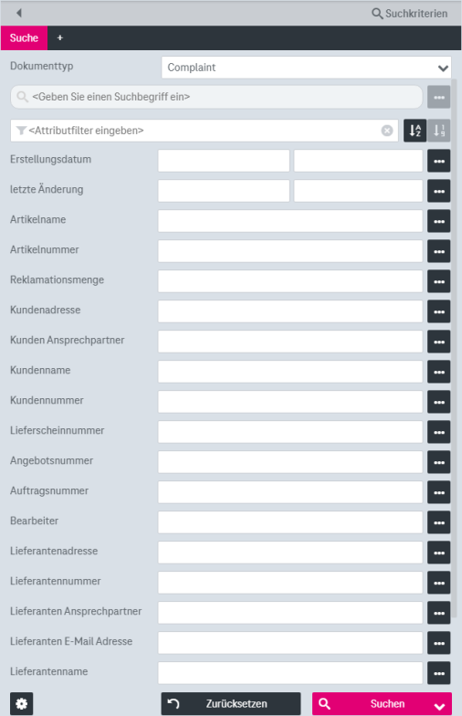 Allgemeines Text-Suchfeld oben mit Index-Suchfeldern für bestimmte Attribute darunter