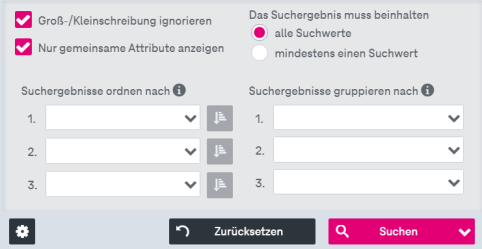 Aktiviertes Kontrollkästchen für Groß-/Kleinschreibung ignorieren mit gesetzter Option "alle Suchwerte" darunter. Die alternative Option "mindestens ein Suchwert" ist nicht aktiv. Drei Dropdown-Felder sind rechts daneben positioniert, um Attribute zur Sortierung der Ergebnisse anzugeben.