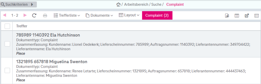 Ergebnis einer Volltext-Suche mit Beispiel-Snippets, die einen Kontext zu jedem Treffer liefern, basierend auf Dokumentattributen und der Dokumentzusammenfassung