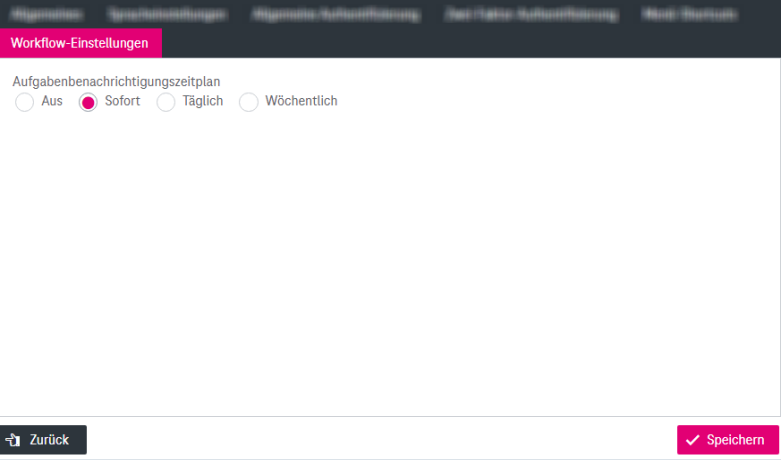 Einstellungen für Workflow-E-Mail-Benachrichtigungen mit Optionen für den Zeitplan für Aufgabenbenachrichtigungen, Schaltflächen "Speichern" und "Zurück"