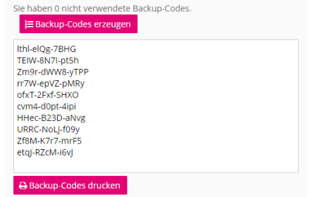 Unter dem Funktionsknopf zum Erzeugen von Backup-Codes ist ein Ausgabefeld, das generierte Backup-Codes anzeigt mit einem weiteren Funktionsknopf darunter zum Drucken der Backup-Codes