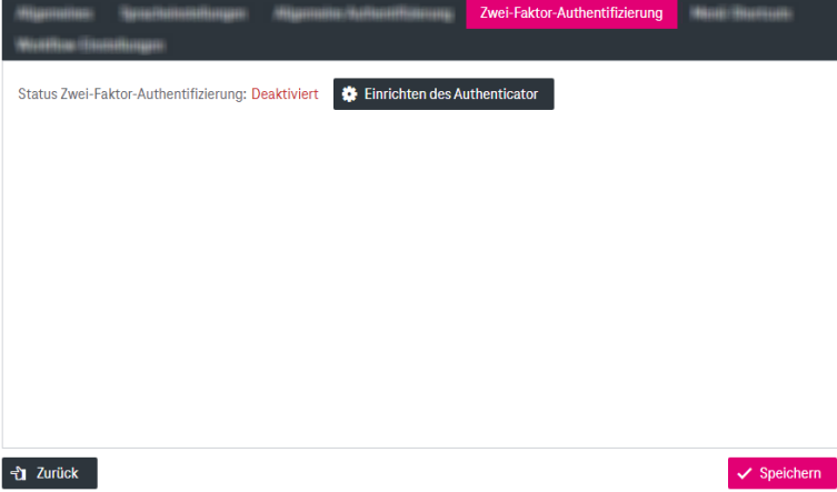 Zwei-Faktor-Authentifizierung im Status "Deaktiviert" mit Funktionsknöpfen rechterseits: "Einrichten des Authenticator" und darunter "Speichern"