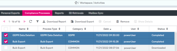 GDPR processes  hit list with some columns and results