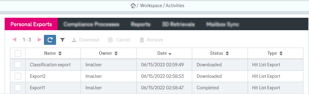 List with an entry that shows name, owner, date,  status  and type of a personal export that was downloaded