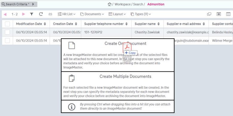 Drag and drop in the hit list with multiple drop areas. The upper area creates a single document with multiple attachments. The lower area creates multiple documents, one for each file being dropped from a multi-selection.