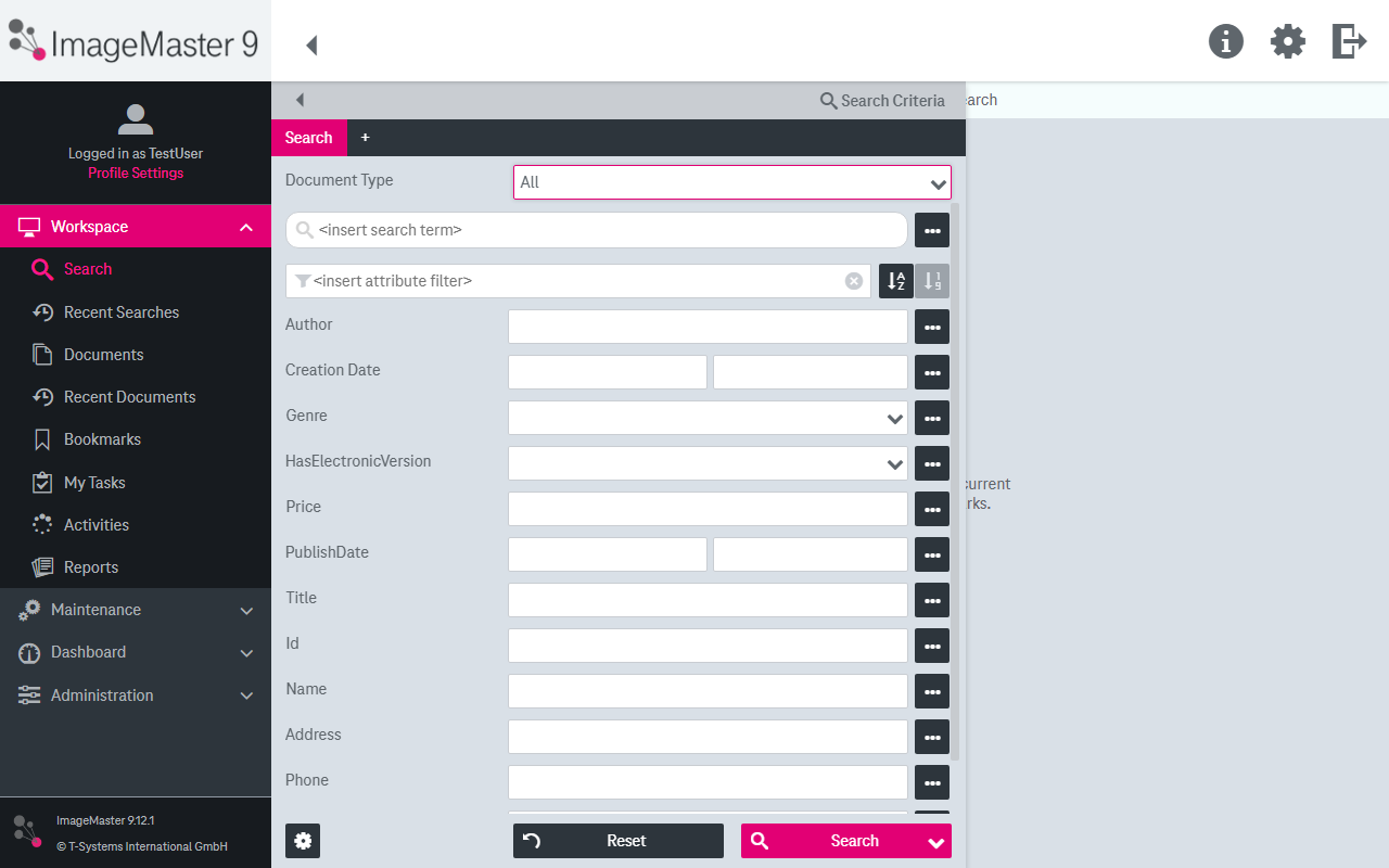 Basic page structure with sliding navigation menu on the left, static functional bar on top, and a context-dependent workspace with a sliding search panel in the right (below the static functional bar)