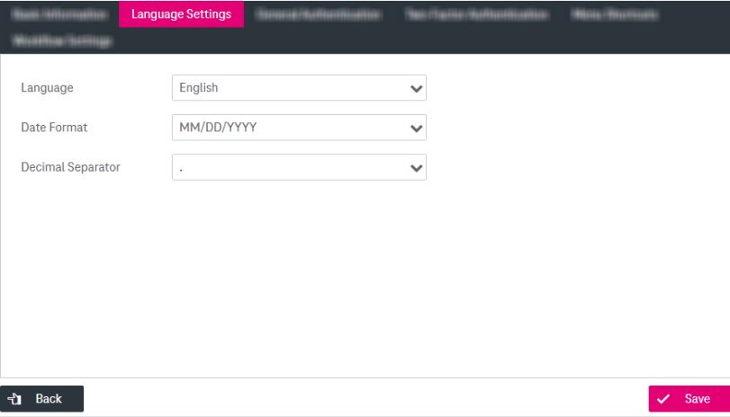 Language settings with fields for language, date format and decimal separator on the right and save button in the bottom