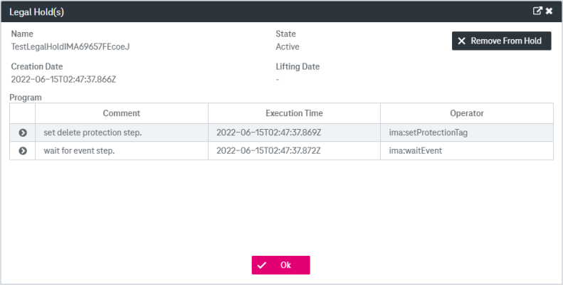 One Legal Hold of the document with legal hold name in drop down list, creation date below, button to remove document from this hold in upper right and further status information below on the associated program consisting of operators 