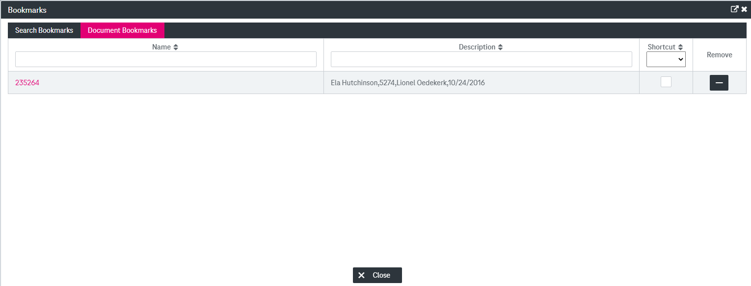 Document bookmarks overlay window with the list of existing bookmarks with shortcut checkbox, minus buttons to remove a bookmark and with Ok button to close the window