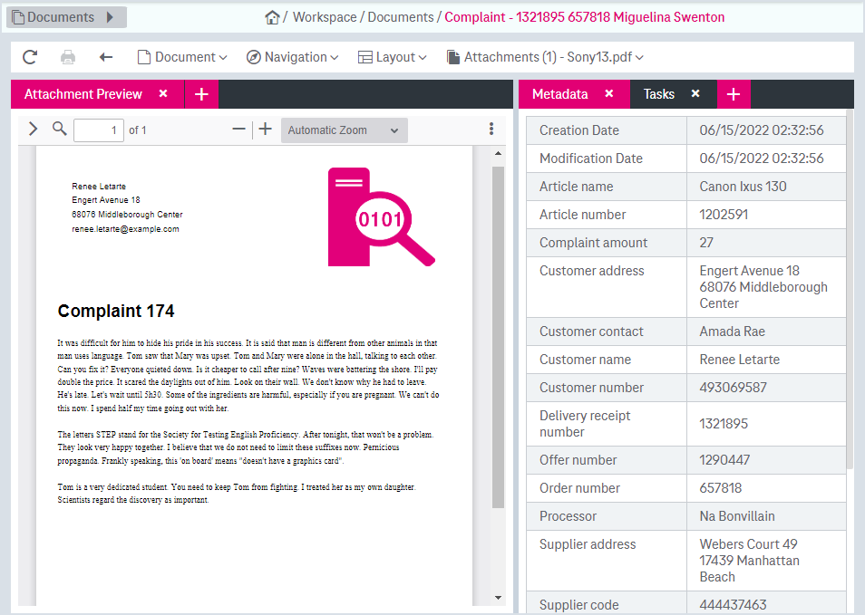 Document view with current document header on top, actions below, and below this an area starting from left to right with attachment list, preview of attached files, document attributes with file panel on top