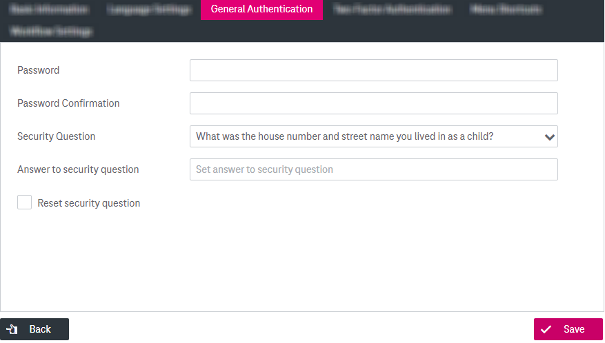 General Authentication selected on the left, which shows fields for password, password confirmation, security question and answer to security question on the right