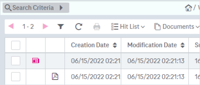 Entries in a hit list with an example document type marker