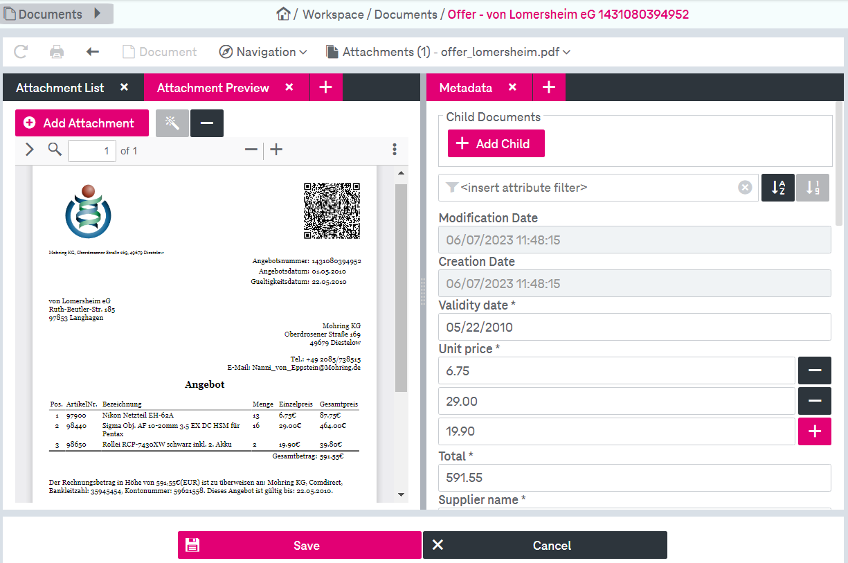 Modifiable document attributes in the right bottom area and buttons to save or cancel in the bottom center