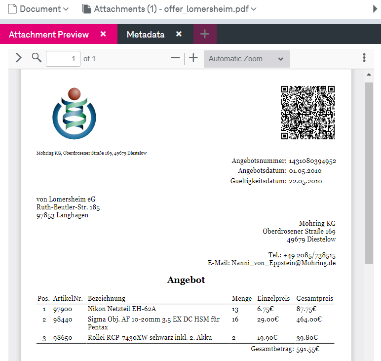 Preview of an invoice with further icons of the attachment view on top such as arrows to move between pages, the zoom level indicator, the printer icon, the download icon and the information icon