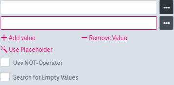 A search field which has been expanded by "add value" with a second input field below where this can be undone by "remove value"