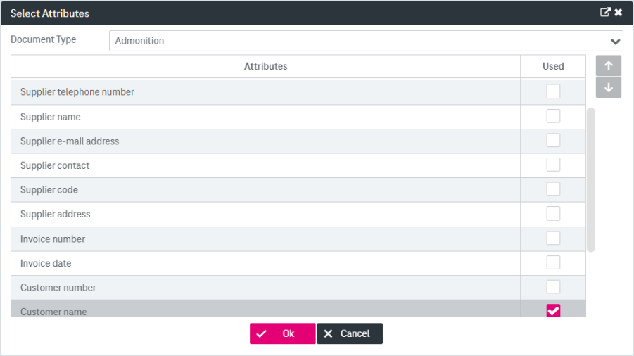 Elements from top to bottom: change the order of attributes by moving a selected field up and down with the corresponding arrows pointing up and down, activate the fields to be displayed via the check box located to the right of eacht attribute entry