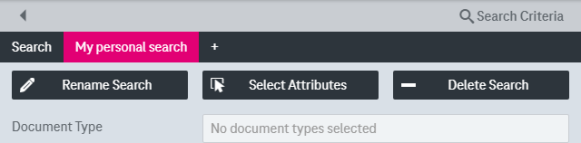 Personalized search with the following elements: 1) Add new personalized search via plus symbol in upper right, 2) Rename personalized search 3) Select attributes to add search fields () You can see added search fields in the bottom 4) Delete search 