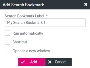 Dialog for adding a serach bookmark with field for entering name, "Run automatically" and "Shortcut" boxes and buttons for adding and canceling the process.