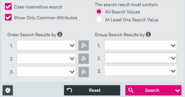 Activated check box for case-insensitive text search with active radio button "all search values" below. The alternative radio button "at least one search value" is not active. Three drop down fields are located on the right to select attributes for ordering the search results.