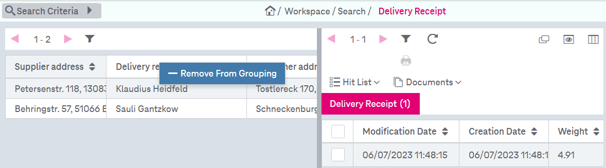 Hit list with search results and panel in the left side of the window with the search results grouped by the attributes arranged in the list and the button to Remove the attribute from grouping