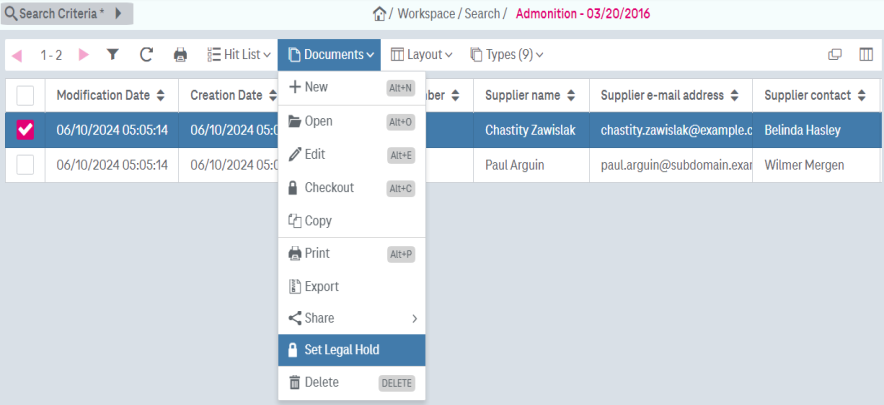 A marked entry in a hit list ovelain by the opened drop down menu "Documents" located on top that includes the entry "Set Legal Hold"