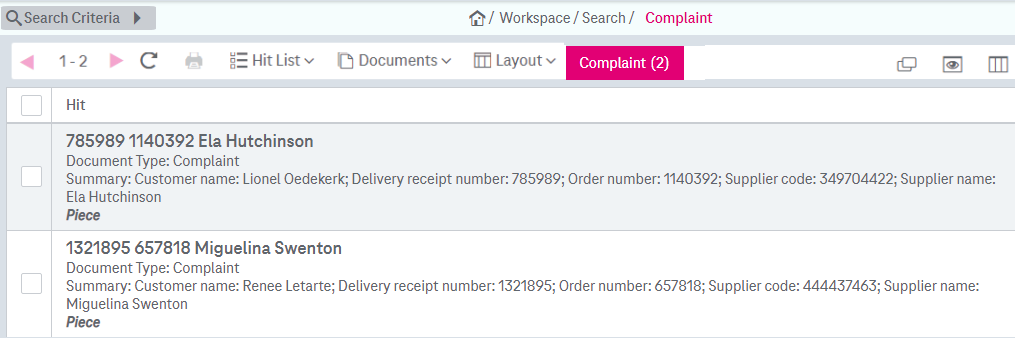 Result list of a full-text search with example snippets that represent some context for each hit based on document attributes and the document summary