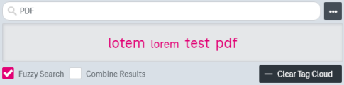 Recentrly used search terms panel with entries that represent recently used search terms differing in size, where larger entries were used more often, and a button below labelled "clear tag cloud" to remove these.