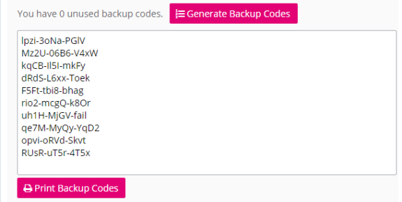 The button to generate backup codes is followed by an output field that shows generatd backup codes with a button below to print the backup codes