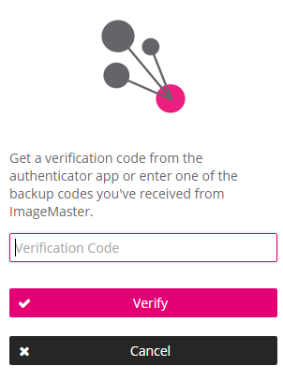 Elements from top to bottom ImageMaster logo; Information "Get a verification code from the authenticator app or enter one of the backup codes you've received from ImageMaster."; input field for verification code; button "Verify"; button "Cancel"