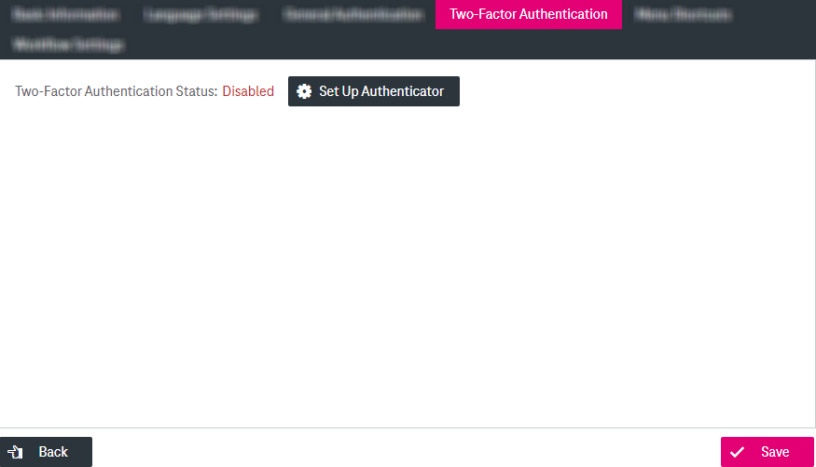 Two-Factor Authentication Status Disabled with button to "Set up Authenticator" located to the right and "Save" button below
