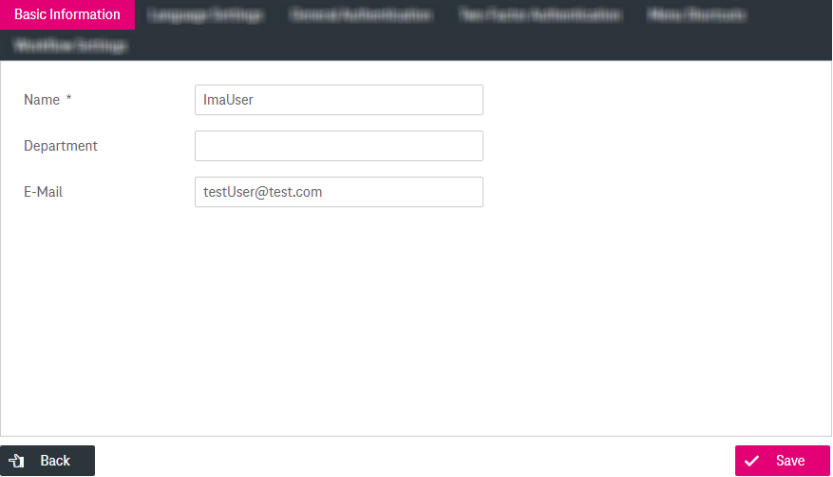 Mandatory input field for name; input field for department; input field for E-Mail; button "Save"