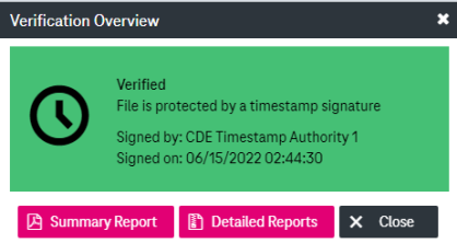 Verification overview report with the status verified on the green background and options: summary report, detailed report, and close.