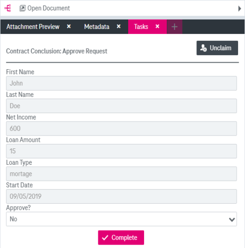 Task view with the following elements displayed from top to bottom: the processing  icon and action to open the document, attachment preview panel, metadata panel and task form panel expanded