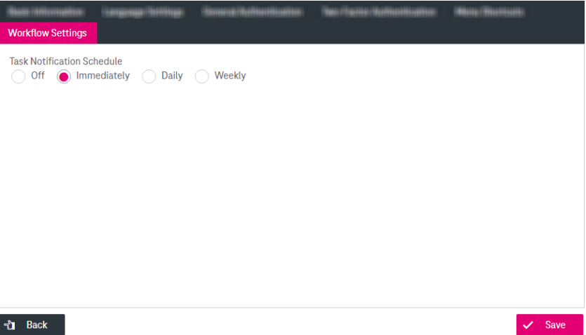 Workflow email notification settings with options for task notification schedule, buttons "save" and "back"
