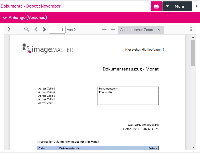 Vorschau auf einen Dokumentanhang mit Funktionsknöpfen zum Blättern, Drucken, Weiterleiten und zum Abruf von Informationen zum Dokument