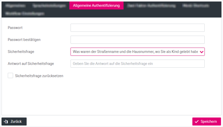 "Allgemeine Authentifizierung" links ausgewählt, was auf der rechten Seite Eingabefelder anzeigt für: Kennwort, Kennwort bestätigen, Sicherheitsfrage und Antwort auf Sicherheitsfrage