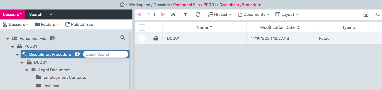Dossier tree on the left and hit list on the right