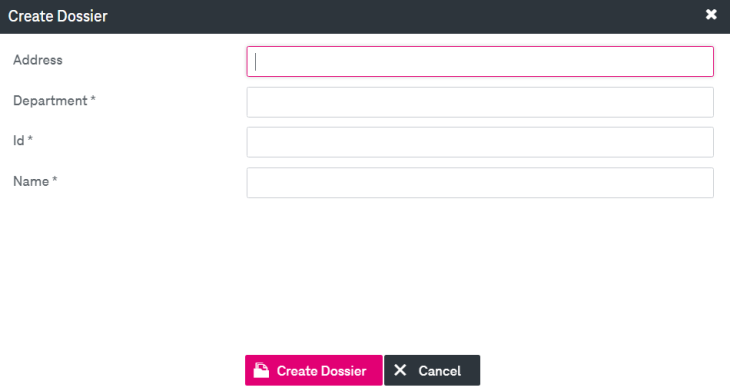 Create dossier window with attribute input fileds and buttons Create Dossier and cancel in the bottom