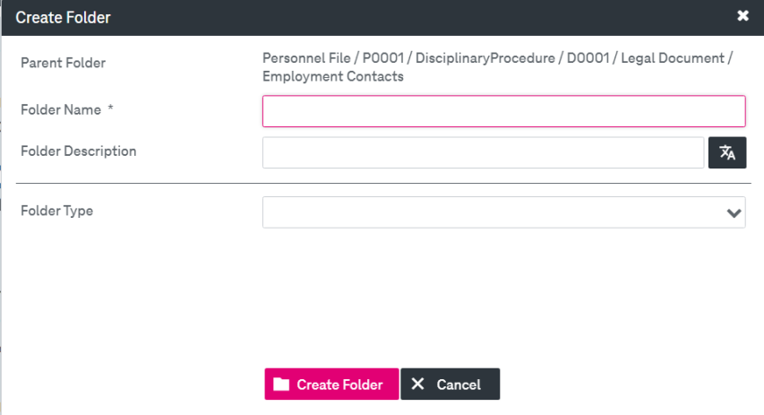 Create folder window with attribute input fileds and buttons Create Folder and cancel in the bottom