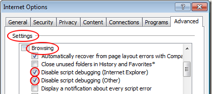 Internet Explorer Dialog "Internet Options", tab "Advanced", settings "Browsing": multiple entries beginning with "Disable script debugging" are activated