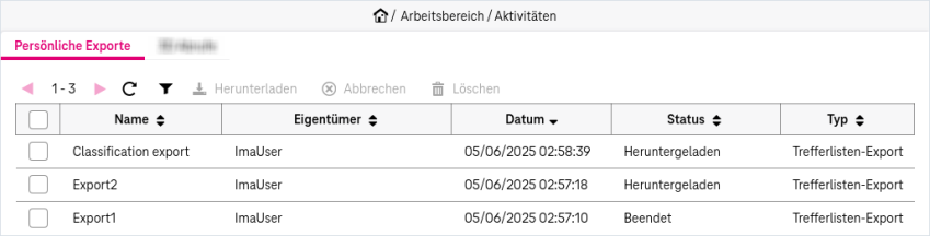 Liste mit einem Export-Eintrag, der Name, Eigentümer, Datum und Status anzeigt